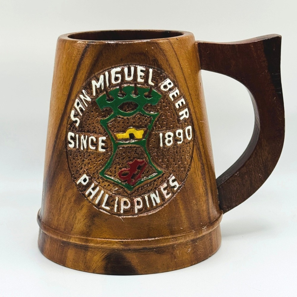 Vintage San Miguel Beer‎ Philippines Hand Carved Wooden Mug Stein 1890 Barware
